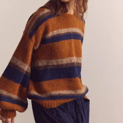 Women Amente - Pull Crew Neck Rayé - Ambre/Bleu