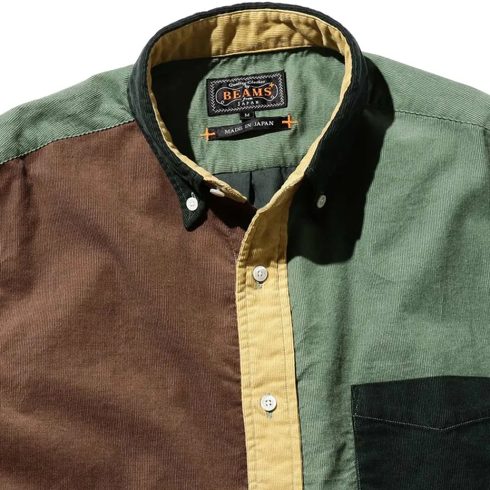 BEAMS Plus - Chemise Corduroy Panel - Vert