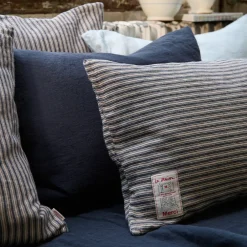 200 LINTEX Coussin épais en lin - Rayures Bleu Encre