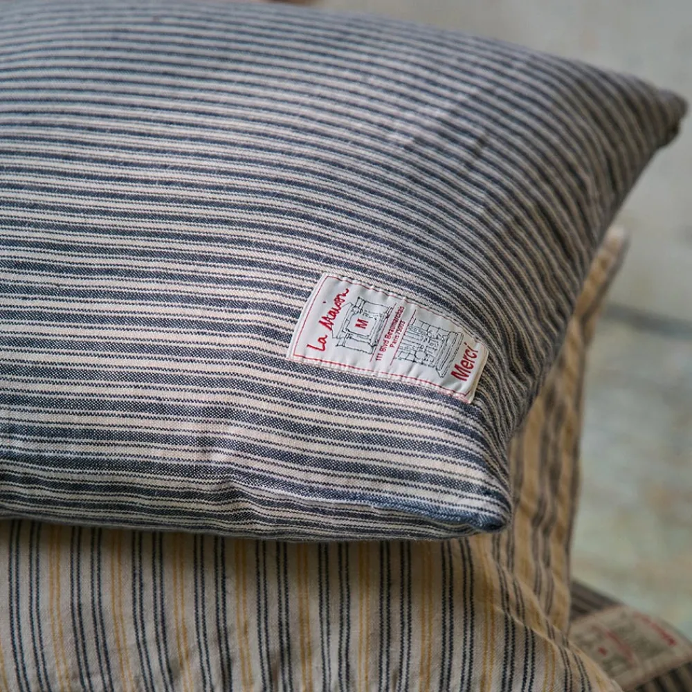 200 LINTEX Coussin épais en lin - Rayures Bleu Encre