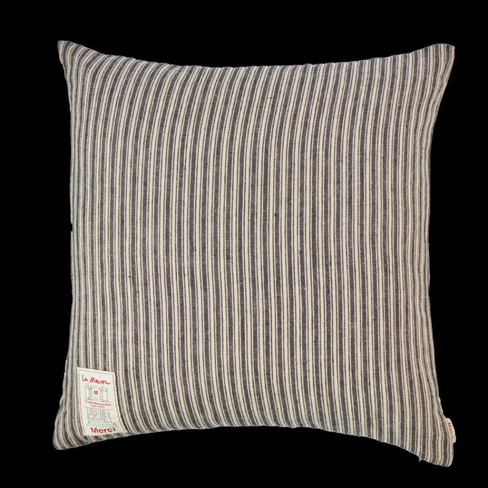 200 LINTEX Coussin épais en lin - Rayures Bleu Encre
