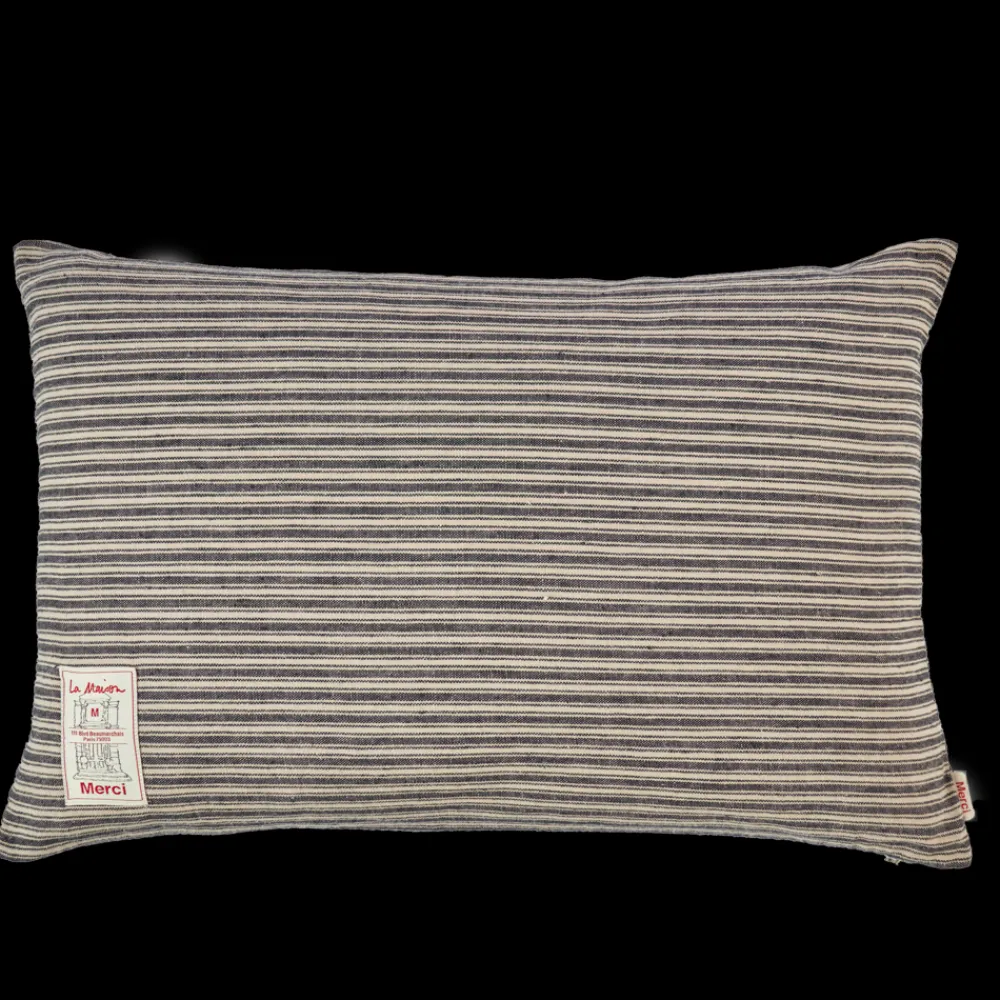 200 LINTEX Coussin épais en lin - Rayures Bleu Encre
