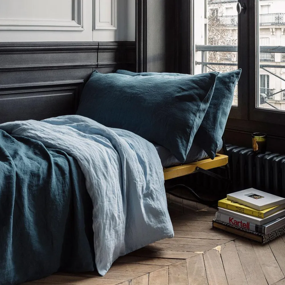 200 LINTEX Coussin rectangle en lin lavé - Bleu Pétrole