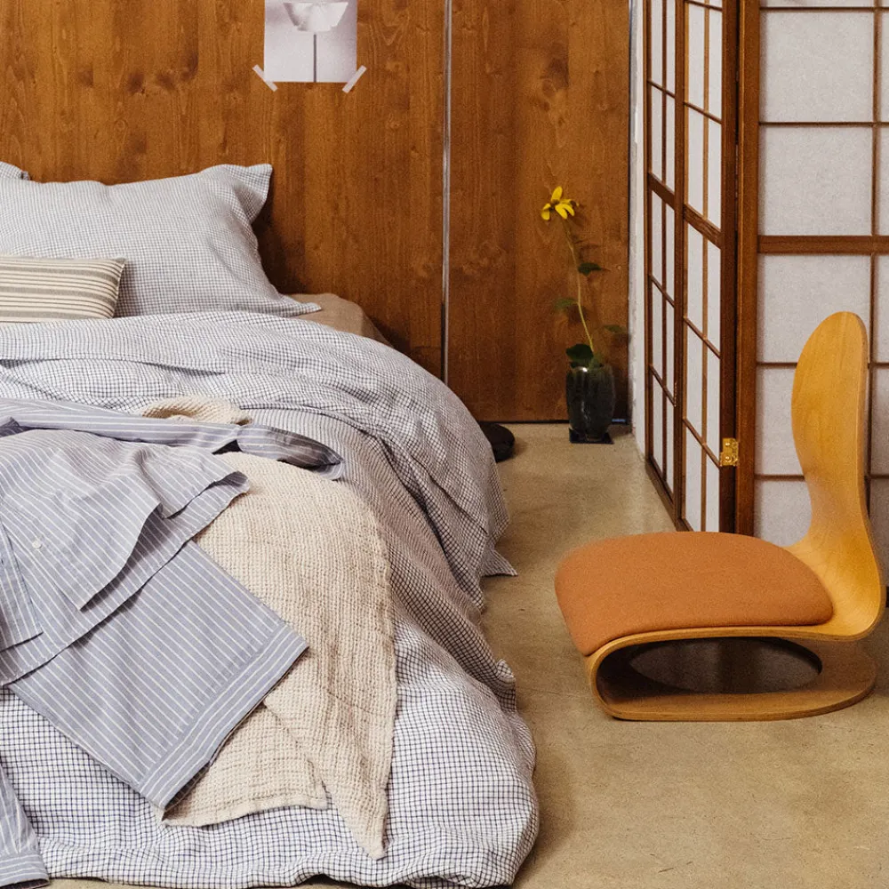 200 LINTEX Housse de couette en lin lavé - Carreaux Bleu Shibori