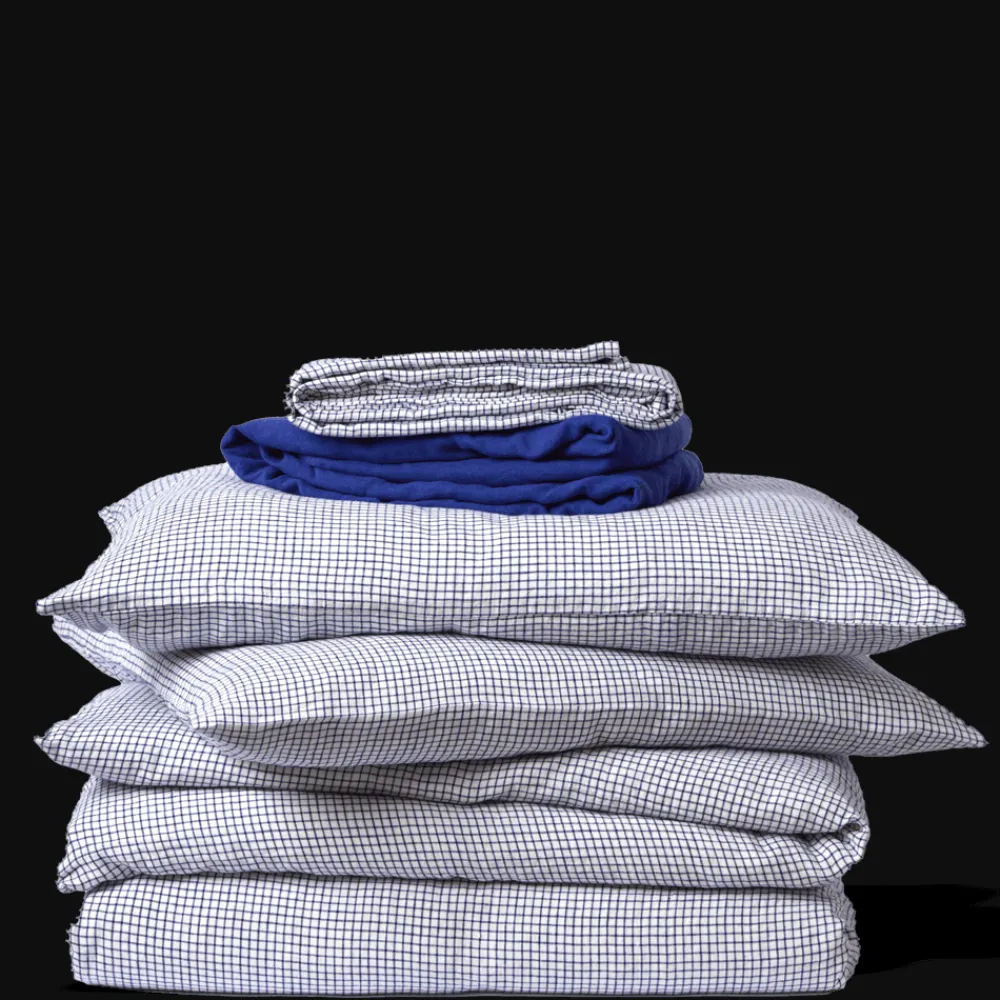 200 LINTEX Housse de couette en lin lavé - Carreaux Bleu Shibori