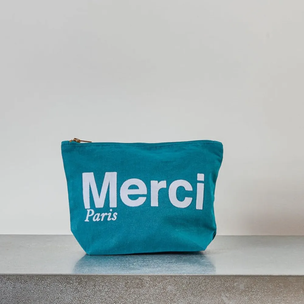 V01 Merci - Pochette en coton - Bleu canard & Blanc