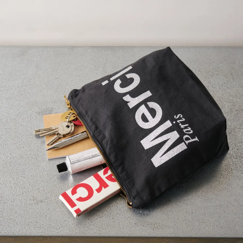 V01 Merci - Pochette en coton - Noir & Argent