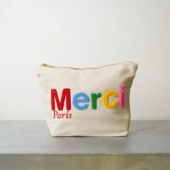 V01 Merci - Pochette en coton Bouclette - Ecru & Multicolore