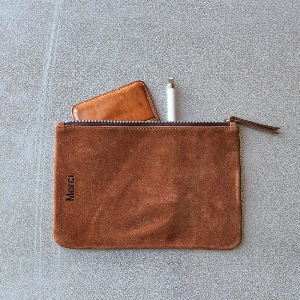 MERCI - Pochette en daim - Cognac