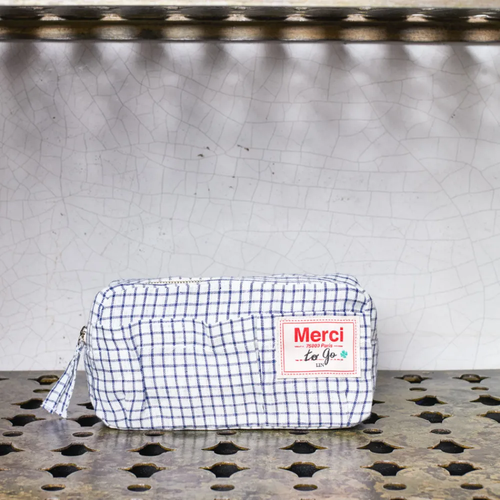 200 LINTEX Merci - Trousse en lin lavé - Carreaux Bleu Shibori