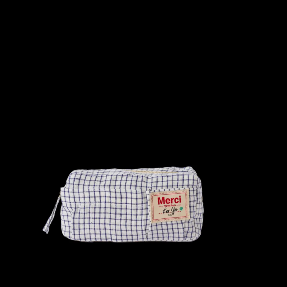 200 LINTEX Merci - Trousse en lin lavé - Carreaux Bleu Shibori