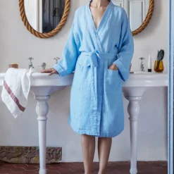 200 LINTEX Peignoir en lin - Nid d'abeille - Bleu Tyrrhénien