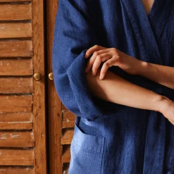 200 LINTEX Peignoir en lin - Nid d'abeille - Bleu Shibori