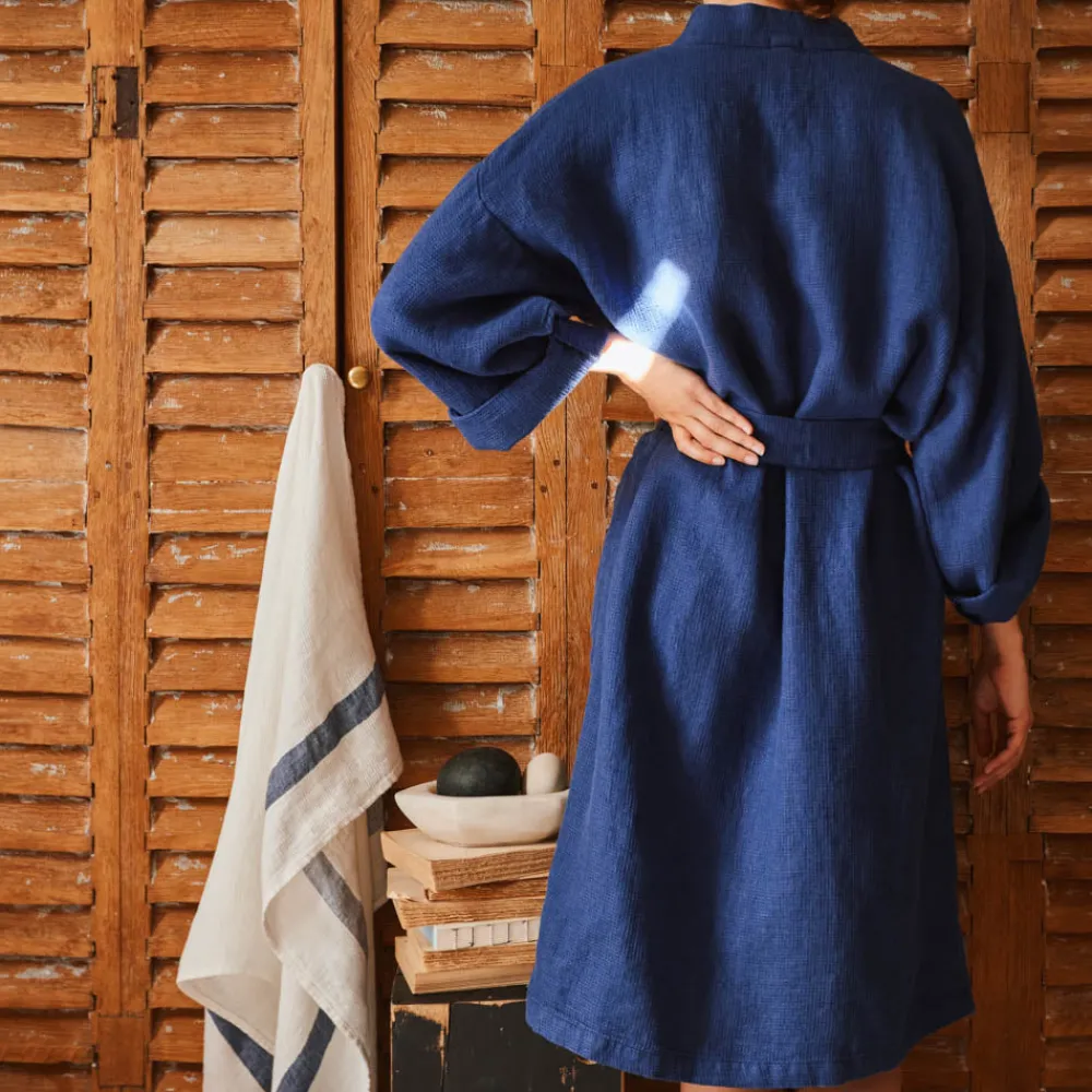 200 LINTEX Peignoir en lin - Nid d'abeille - Bleu Shibori
