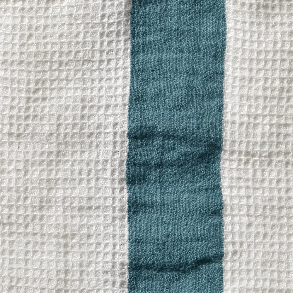 200 LINTEX Serviette de bain en lin - Nid d'abeille - Bande Bleu Pétrole