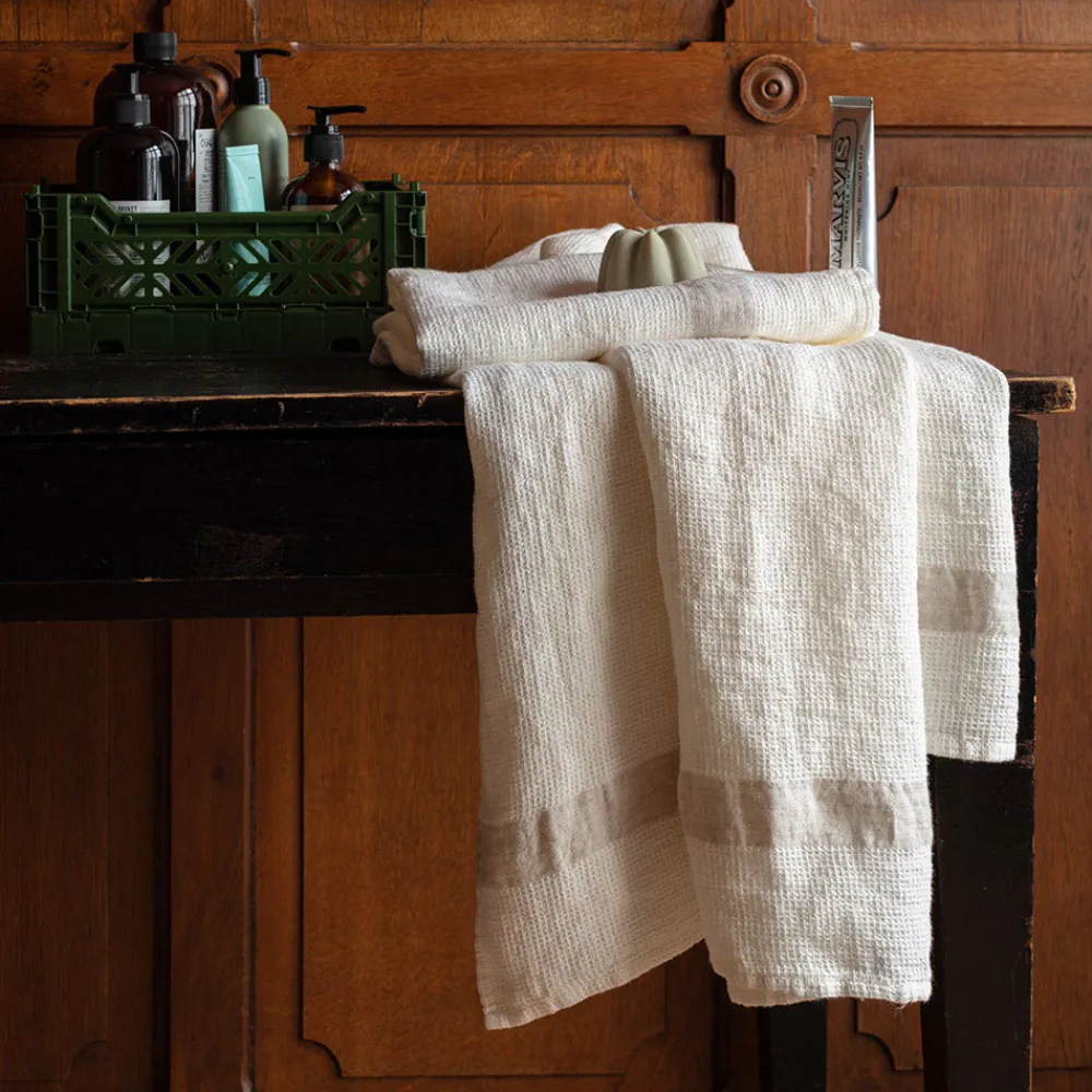 200 LINTEX Serviette de bain en lin - Nid d'abeille - Bande Pierre