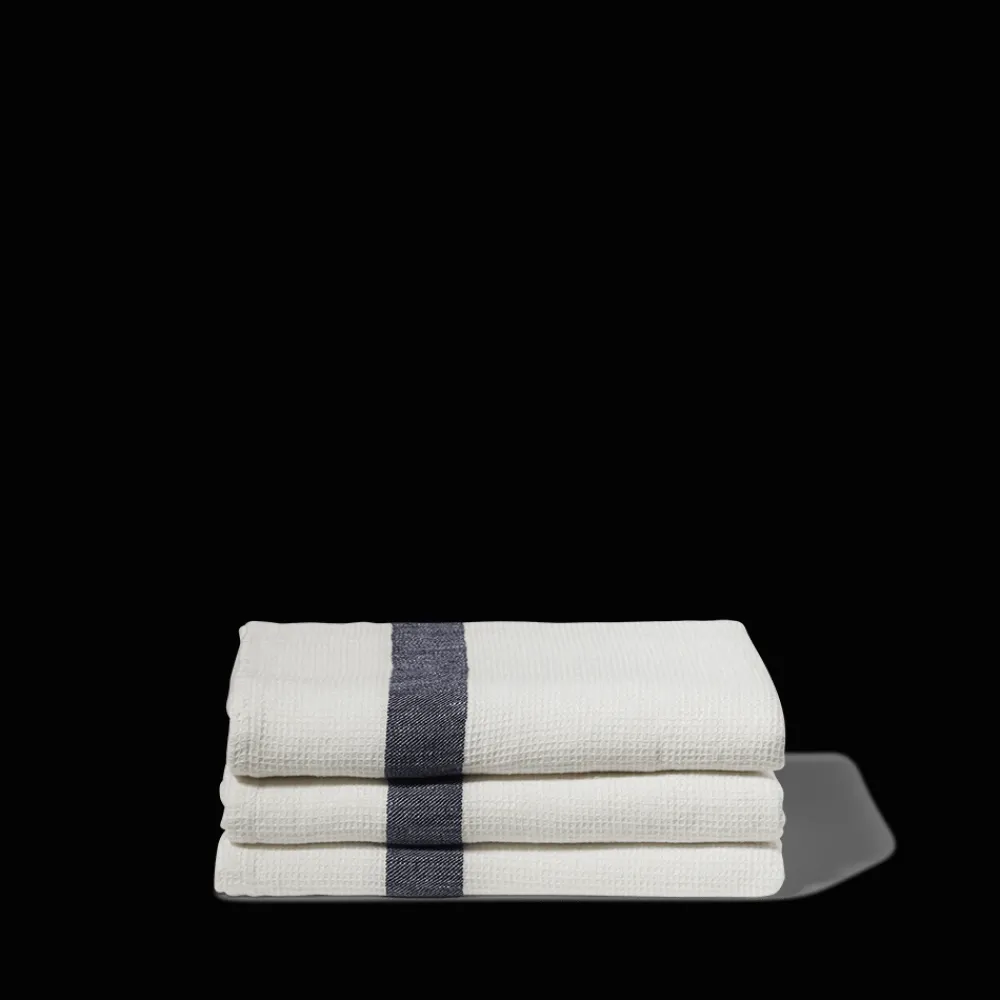 200 LINTEX Serviette de bain en lin - Nid d'abeille - Bande Bleu Encre