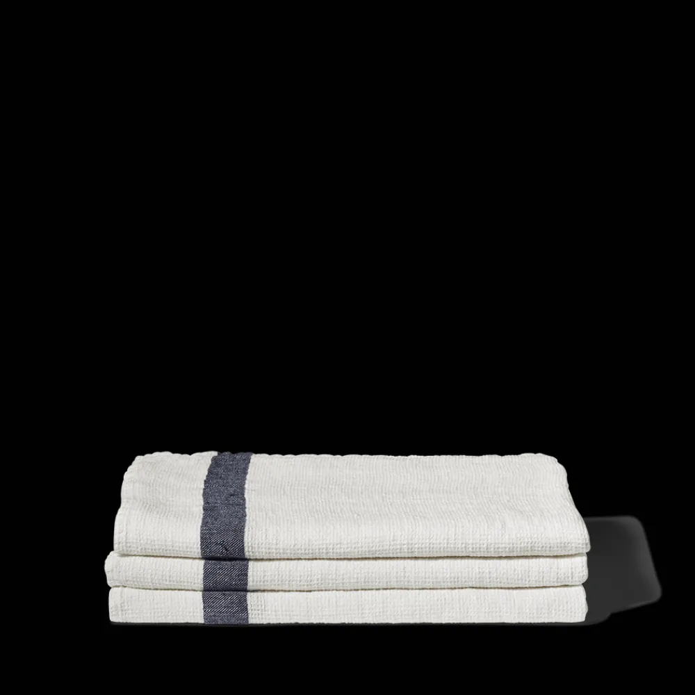 200 LINTEX Serviette de bain en lin - Nid d'abeille - Bande Bleu Encre