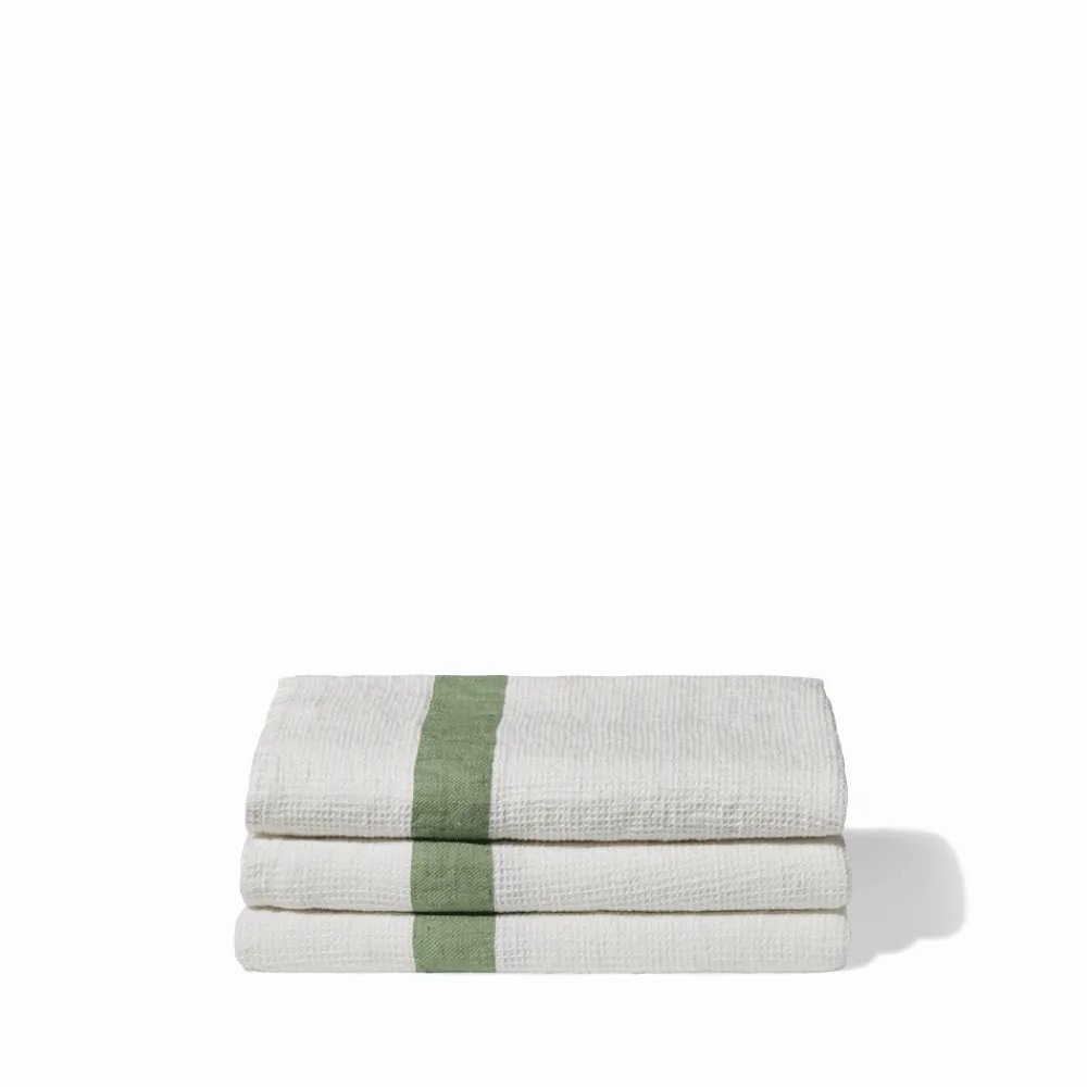 200 LINTEX Serviette de bain en lin - Nid d'abeille - Bande Vert d'Anduze