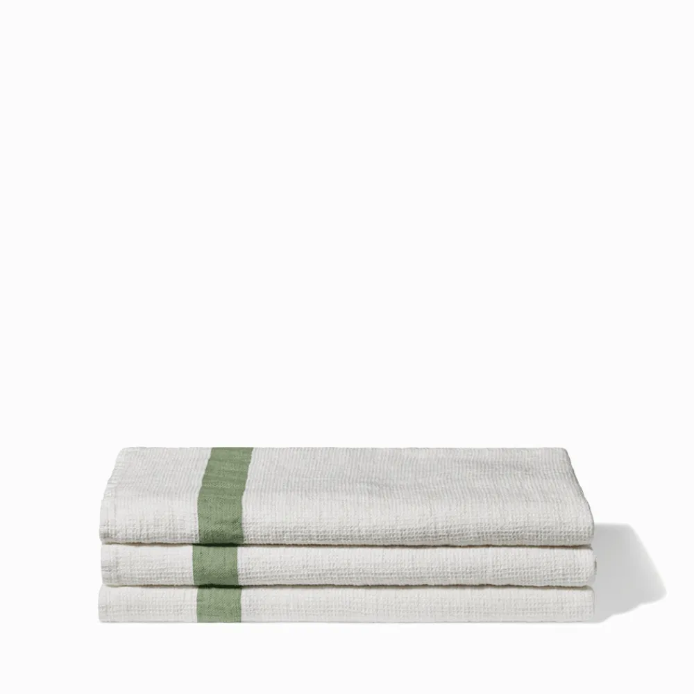 200 LINTEX Serviette de bain en lin - Nid d'abeille - Bande Vert d'Anduze