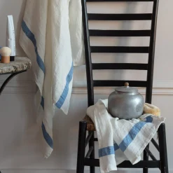 200 LINTEX Serviette de bain en lin - Nid d'abeille - Bande Bleu Paros