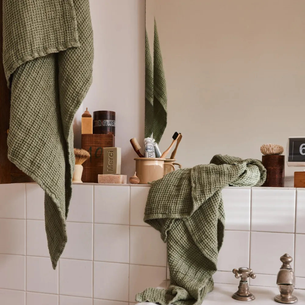 200 LINTEX Serviette de bain en lin - Waffle - Vert Komorebi