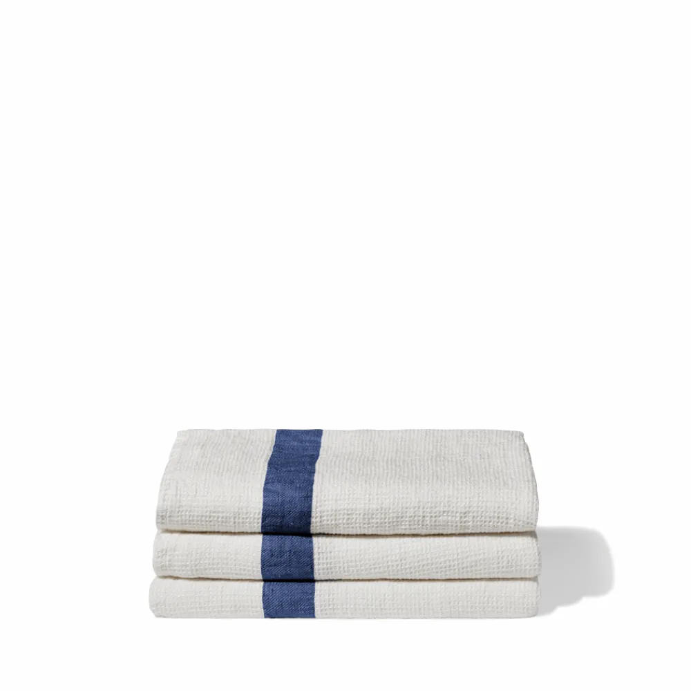 200 LINTEX Serviette de bain en lin - Nid d'abeille - Bande Bleu Shibori