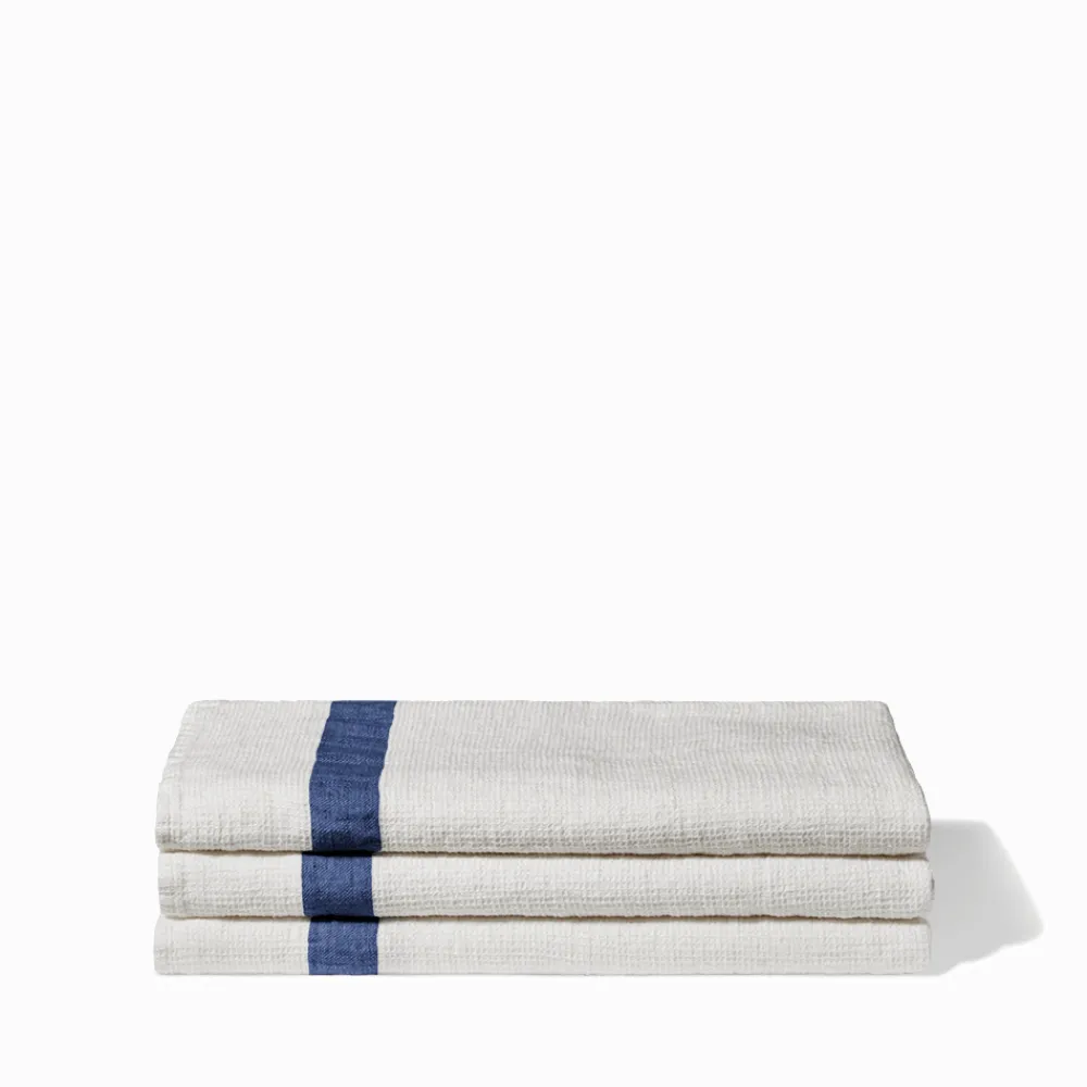 200 LINTEX Serviette de bain en lin - Nid d'abeille - Bande Bleu Shibori