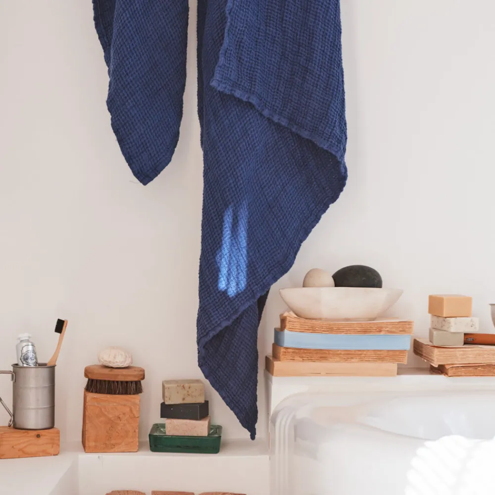 200 LINTEX Serviette de bain en lin - Waffle - Bleu Shibori