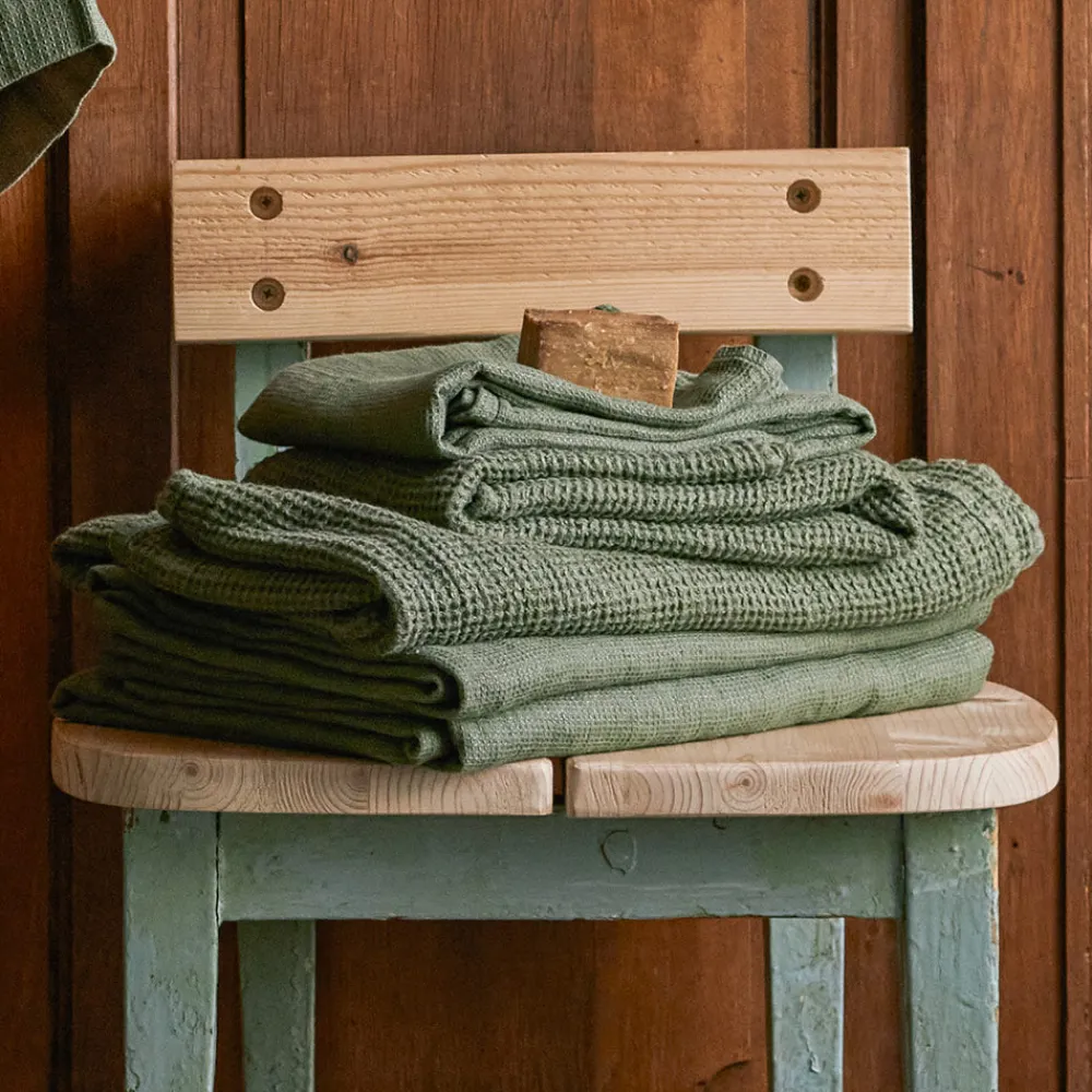 200 LINTEX Serviette de bain invité en lin - Nid d'abeille - Vert d'Anduze