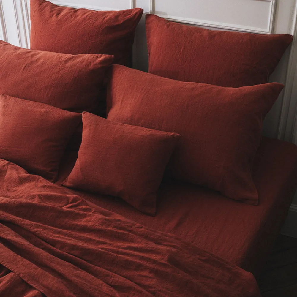 200 LINTEX Taie d'oreiller en lin lavé - Rouge Bourbon