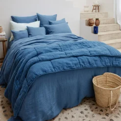 200 LINTEX Taie d'oreiller en lin lavé - Bleu Paros