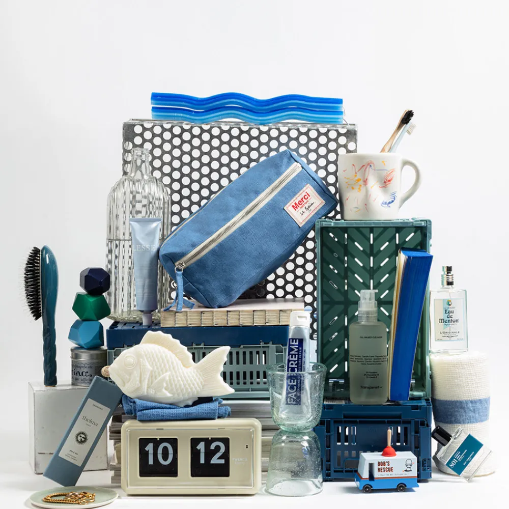 200 LINTEX Trousse de toilette en lin lavé - Bleu Paros