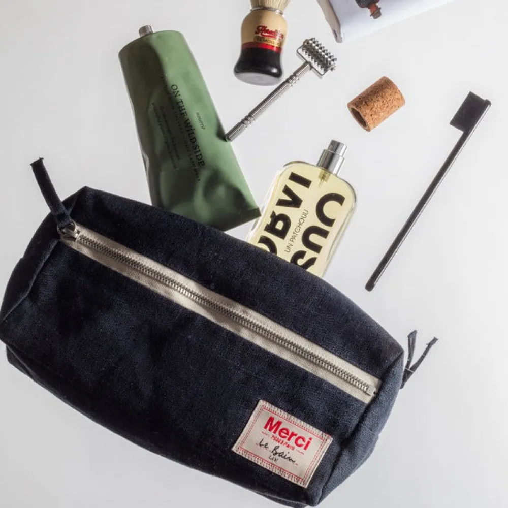 200 LINTEX Trousse de toilette en lin lavé - Bleu Encre
