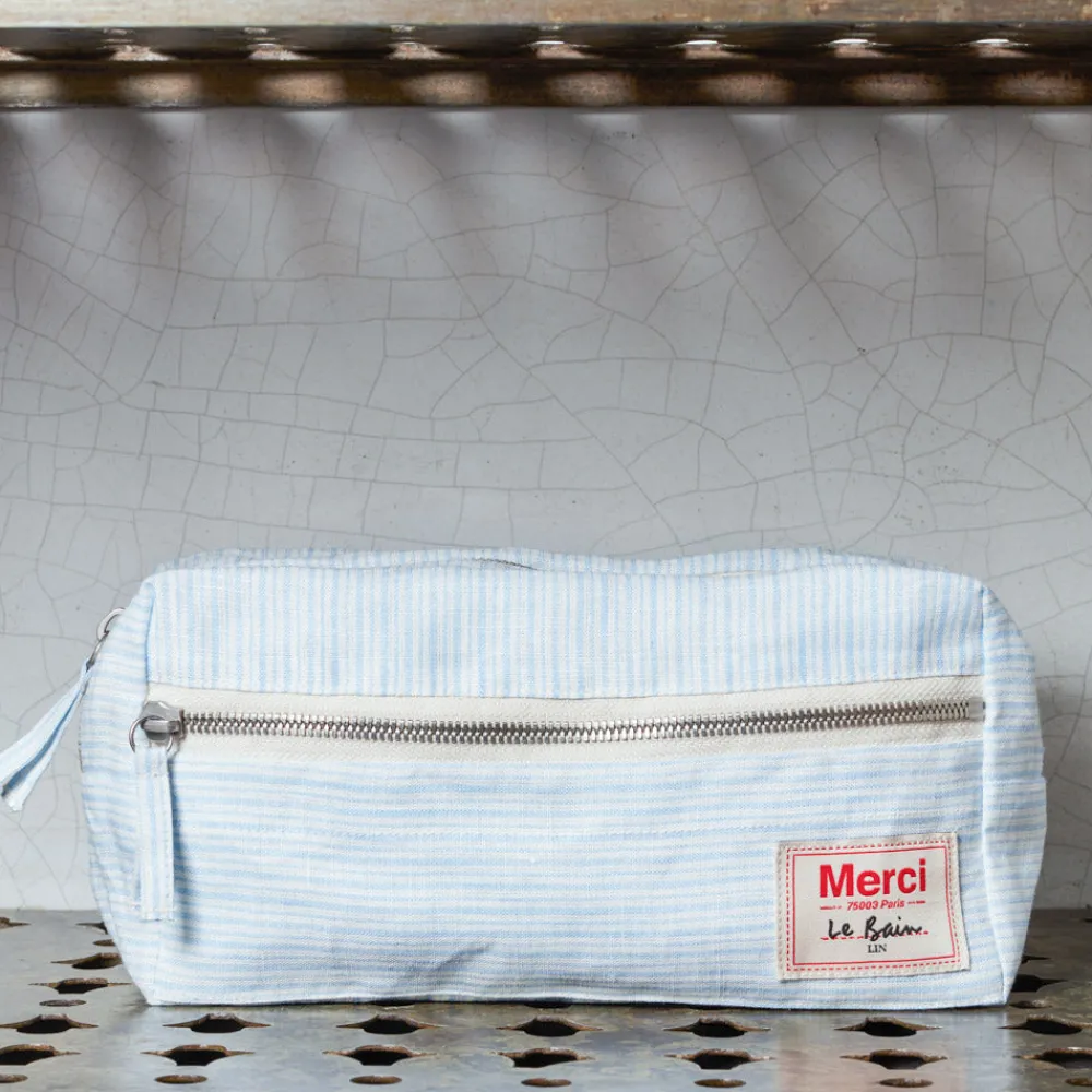 200 LINTEX Trousse de toilette en lin lavé - Rayures Chemise Bleu Tyrrhénien
