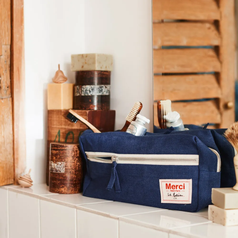 200 LINTEX Trousse de toilette en lin lavé - Bleu Shibori