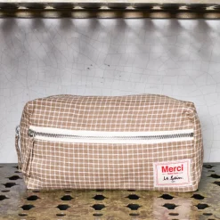 200 LINTEX Trousse de toilette en lin lavé - Carreaux Brun Cha Iro