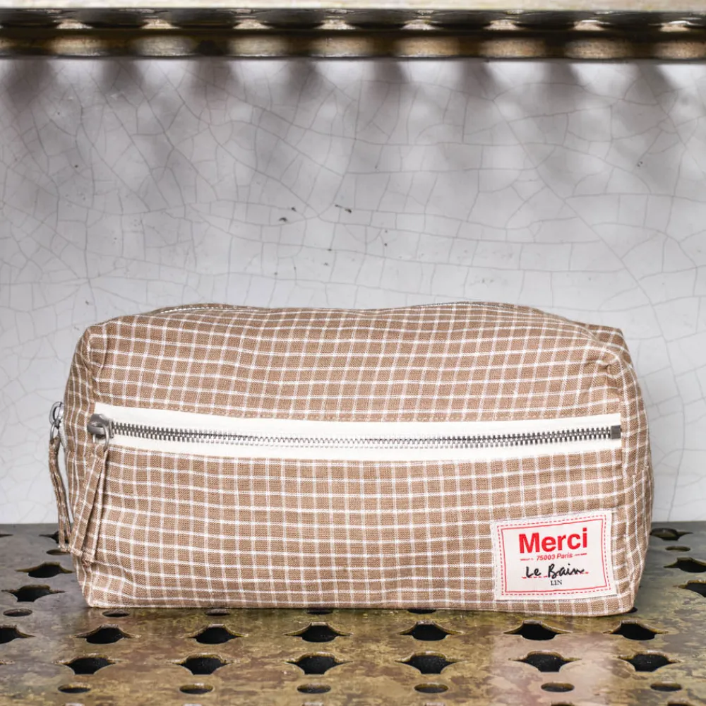 200 LINTEX Trousse de toilette en lin lavé - Carreaux Brun Cha Iro
