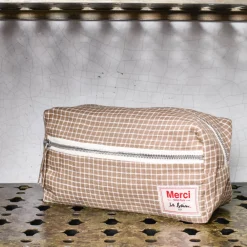200 LINTEX Trousse de toilette en lin lavé - Carreaux Brun Cha Iro