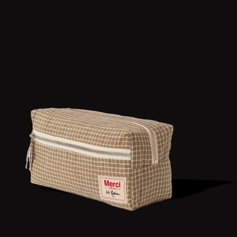 200 LINTEX Trousse de toilette en lin lavé - Carreaux Brun Cha Iro