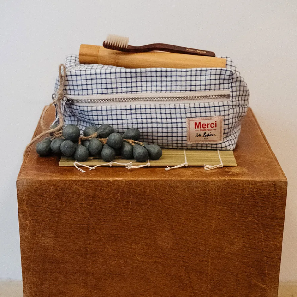 200 LINTEX Trousse de toilette en lin lavé - Carreaux Bleu Shibori