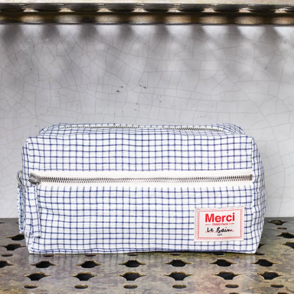 200 LINTEX Trousse de toilette en lin lavé - Carreaux Bleu Shibori