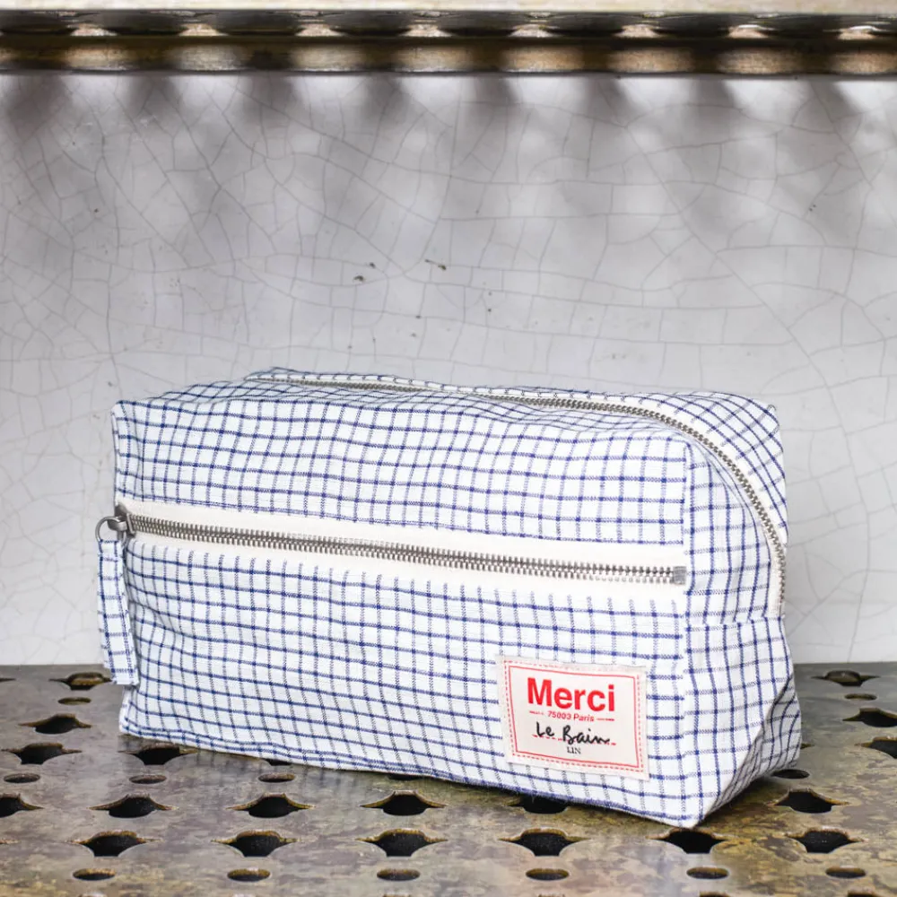 200 LINTEX Trousse de toilette en lin lavé - Carreaux Bleu Shibori