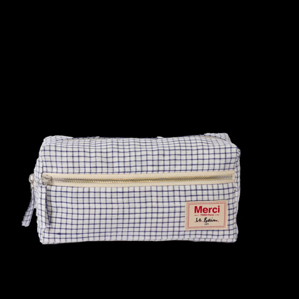 200 LINTEX Trousse de toilette en lin lavé - Carreaux Bleu Shibori