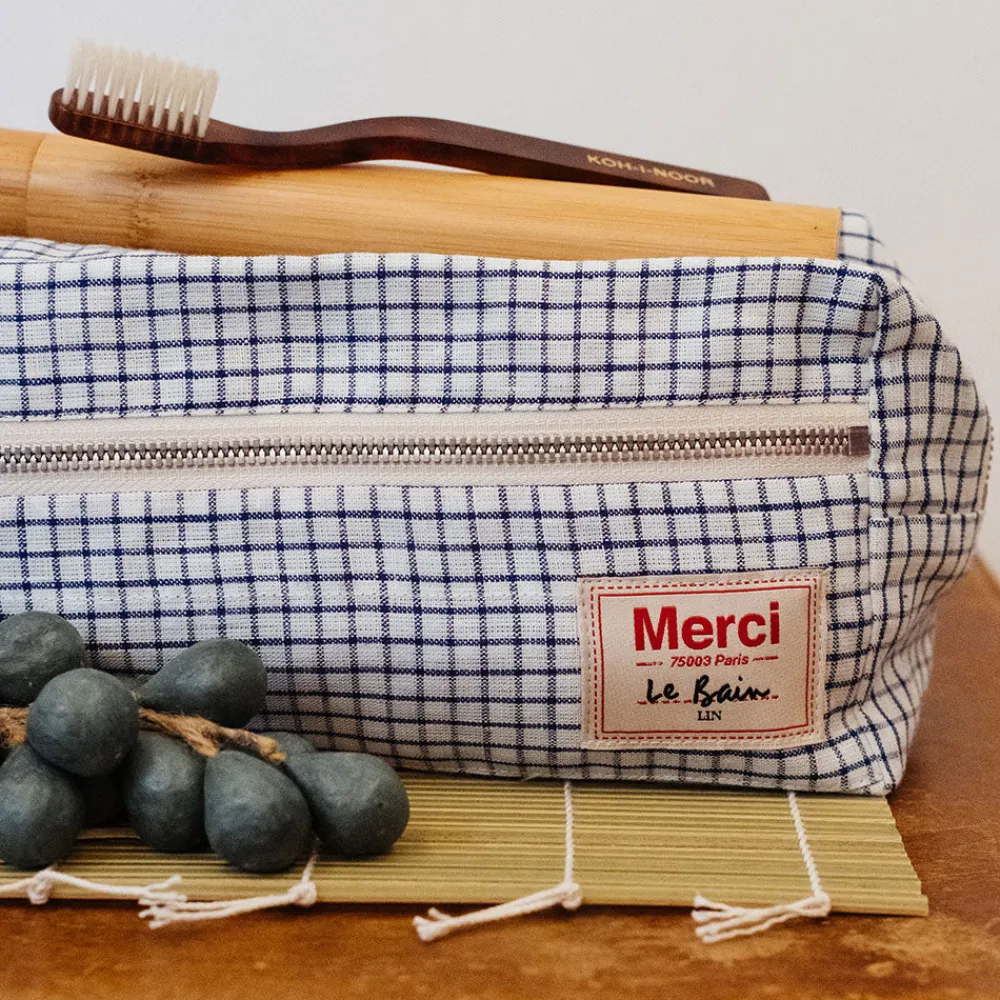 200 LINTEX Trousse de toilette en lin lavé - Carreaux Bleu Shibori