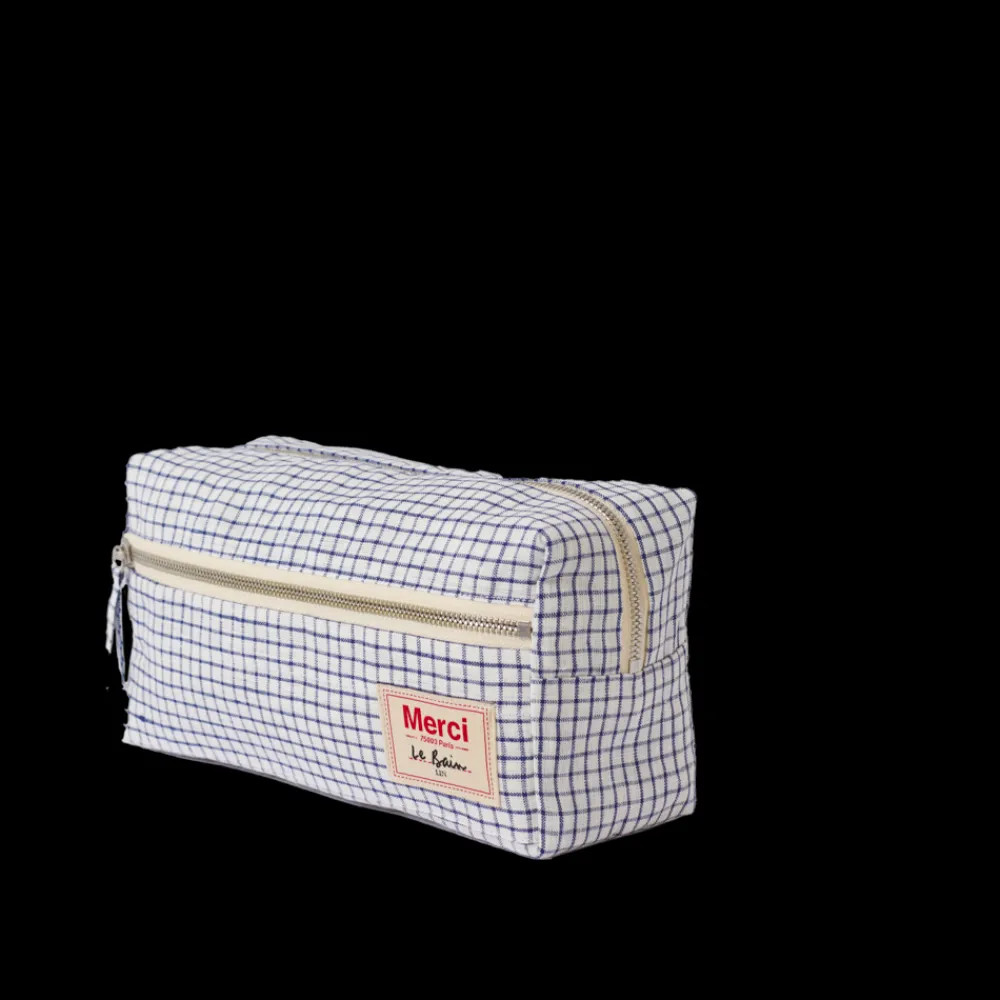 200 LINTEX Trousse de toilette en lin lavé - Carreaux Bleu Shibori