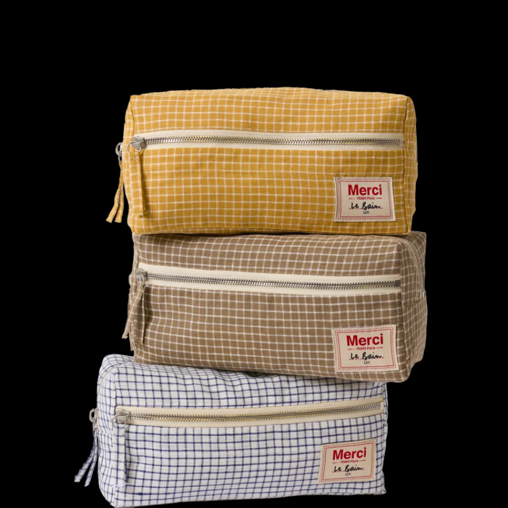 200 LINTEX Trousse de toilette en lin lavé - Carreaux Bleu Shibori