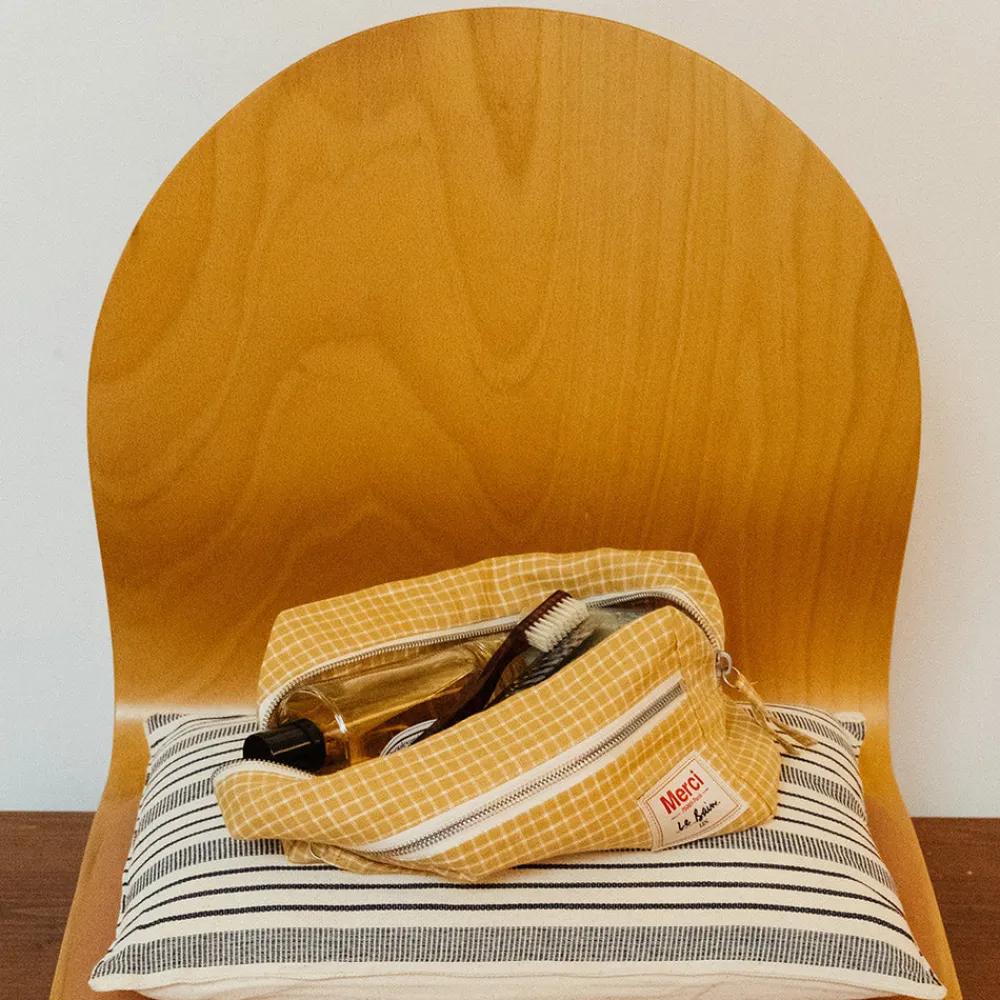 200 LINTEX Trousse de toilette en lin lavé - Carreaux Jaune Asahi