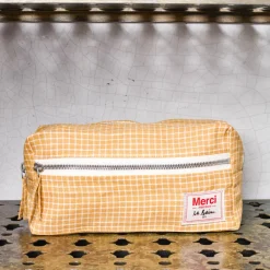 200 LINTEX Trousse de toilette en lin lavé - Carreaux Jaune Asahi