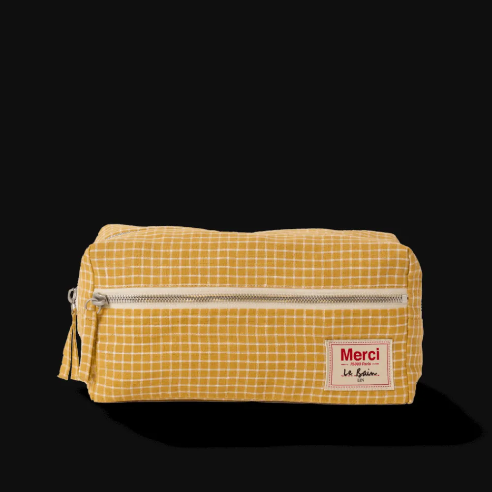 200 LINTEX Trousse de toilette en lin lavé - Carreaux Jaune Asahi